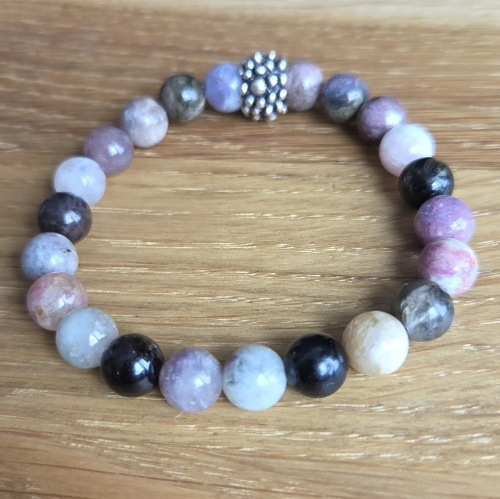Pink & Purple Tourmaline Beads Stretch Bracelet, Handcrafted